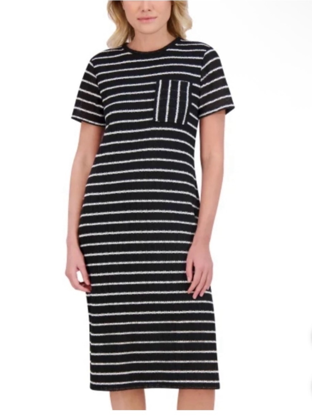 Andrew Marc Black and White Striped Midi Dress